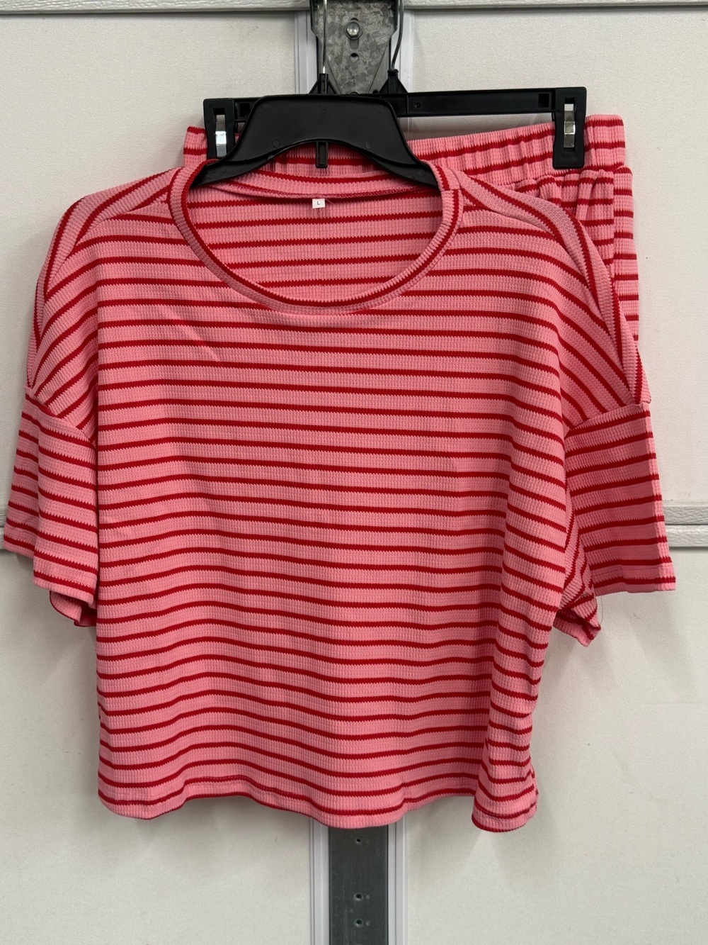 Pink Red Striped Waffle Knit Lounge Set Short Sleeve Top and Shorts Size L